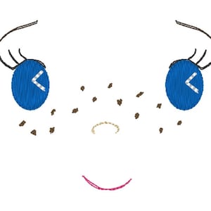Pode incluir: Um rosto de desenho animado com olhos azuis, sardas marrons, um pequeno nariz marrom e uma boca sorridente rosa.