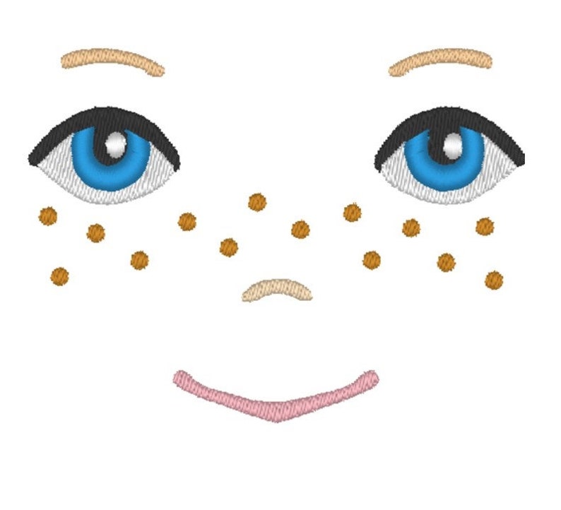 May include: Embroidered design of a smiling face with blue eyes, brown eyebrows, and freckles. The face is stitched in a simple style with a pink smile and a light brown nose.