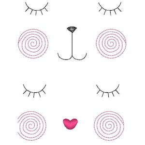 Puede incluir: Una cara de dibujos animados simple con remolinos rosas para las mejillas, pestañas negras y una nariz y boca negras.