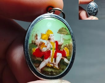 Hanuman Carrying Mountain Pendant, Stainless Steel Amulet, Om Symbol Charm
