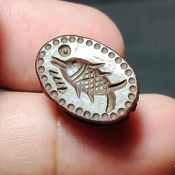 Collectible, Beautiful, Egypt Style, Good Luck, Brown Stone, Scarab Bead, Intaglio Fish, Seal Wax, BC240128, Amulet Antique, Free Shipping