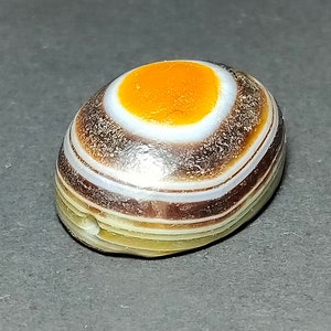 May include: A banded agate stone with a white and orange center, surrounded by brown and white bands.