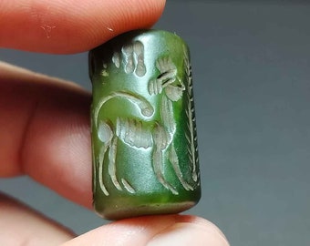 Green Agate Intaglio Tube Bead, Sphinx Animal Amulet