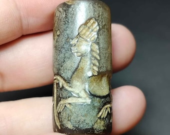 Collectible, Beautiful, Unique, Stone, Agate, Intaglio, Sphinx, Horse, Animal, Rolling, Tube Bead, BC240420, Amulet Antique, Free Shipping