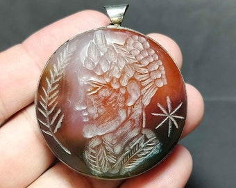 Collectible, Beautiful Intaglio, Unique Rare, Vintage Pendant, Agate Stone, Warrior, Round Shape, Big Pendant, Amulet Antique, Free Shipping
