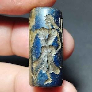 Da collezione, vecchia perlina, lapislazzuli, intaglio, umano, incontro, timbro a rotazione, ceralacca, perlina tubolare, BC240307, spedizione gratuita