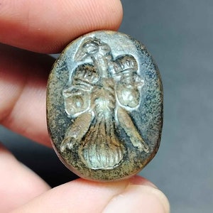 Da collezione, Incredibile, Unico, Vecchia perlina, Perlina a cupola, Pietra nera, Intaglio, Guerriero, Timbro Sigillo di cera, BC240702, Amuleto antico, Spedizione gratuita