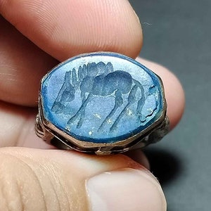 Afghan Ethnic Ring, Lapis Lazuli, Blue Stone, Intaglio, Horse, Signet Ring, Unisex Ring, Size 8.5 Us, RM231201, Amulet Antique,Free Shipping