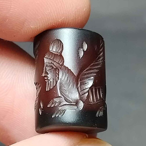 Collectible, Beautiful Tube Bead, Babylon Style, Intaglio, Sphinx, Phoenix, Rolling, Seal Stamp, BC240502, Amulet Antique, Free Shipping