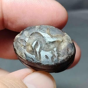 Verzamelobject, uniek zeldzaam, oud kristal, stenen kraal, diepdruk stier, stempel zegellak, koepelkraal, BC250106, antiek amulet, gratis verzending