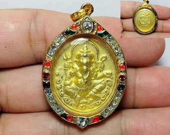 Beautiful Thai Amulet Hindu Pendant, Good Luck, Success, Lord Ganesha, Behind, Om, Gold Plate, PD230606, Amulet Antique, Free Shipping