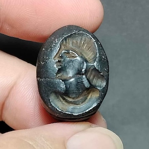 Verzamelobject, bolkraal, Romeinse stijl, oude zwarte steen, diepdruk, krijger, zegellak stempel, BC230709, antiek amulet, gratis verzending