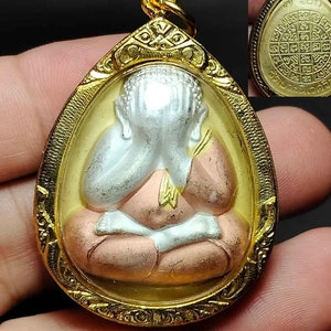 Thai Amulet Pendant, Phra Pidta, Closed Eyes, Jumbo, Behind, 7 Rounds, Fortune, Good Luck, Protect, PD240605, Amulet Antique, Free Shipping