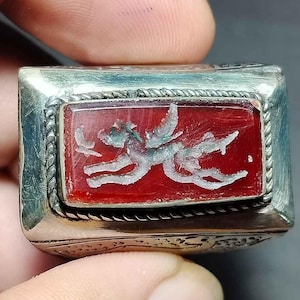 Vintage islamischen Ring, roter Stein, Achat, Intaglio, Pegasus, Side Deer, Silber Ring, Größe 10,25 uns, rs250702, Amulett Antik, kostenloser Versand