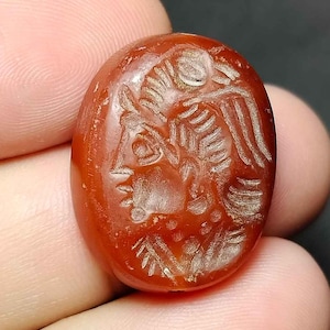 Collectible, Intaglio, Sasanian, King Persia, Bird Warrior Helmet, Agate, Carnelian, Stamp Seal, BCD53, Amulet Antique, Free Shipping