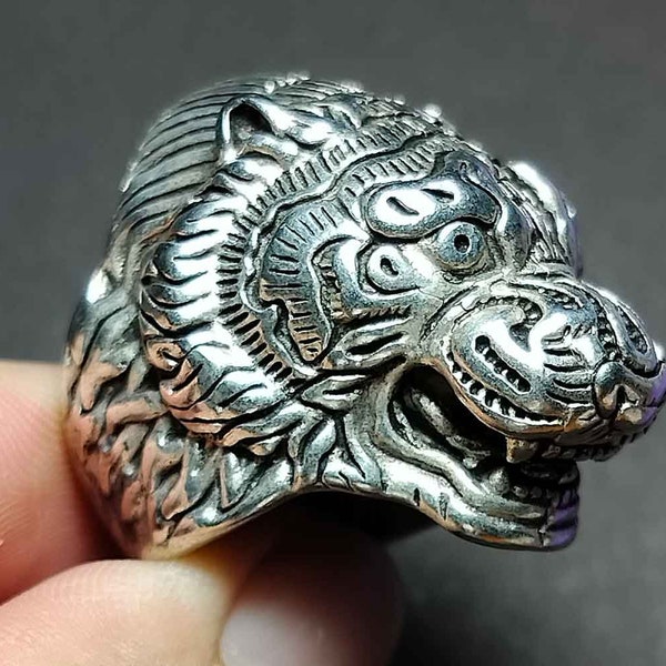 Thai Amulet Ring, Talisman, Tiger Head, White Tiger, Size 8.5 Us, Men Ring, Fierce, Formidable, RAA72, Amulet Antique, Free Shipping