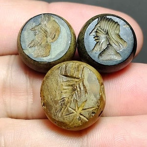 Da collezione, 3 perle a cupola, stile romano, uniche, agata, pietra, intaglio, guerriero, tribale, ceralacca, BC231007, spedizione gratuita