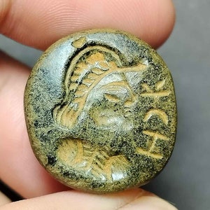 Verzamelobject, bolkraal, Romeinse stijl, oude zwarte steen, diepdruk, krijger, zegellak stempel, BC230914, antiek amulet, gratis verzending