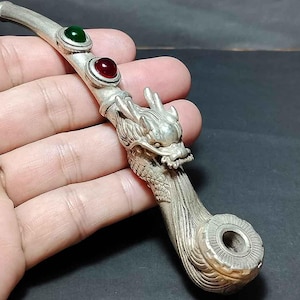 Collectible Vintage, Unique Rare, Silver Mixture Pipe, Tibet Pipe, Dragon Pipe, Carved Dragon, AM250202, Home Decoration, Free Shipping