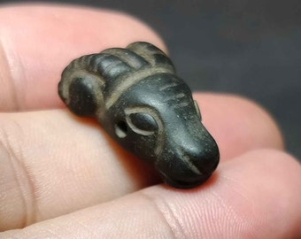 Collectible Amulet, Good Luck Bead, Agate, Black Stone, Carved Animal, Goat Head, BC240104, Amulet Antique, Free Shipping