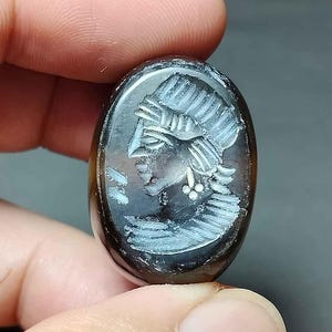 Verzamelobject, mooie diepdruk, koepelkraal, uniek, zeldzaam, rokerige agaat, grijze steen, krijger, zegelwas, BC250102, antiek amulet, gratis verzending