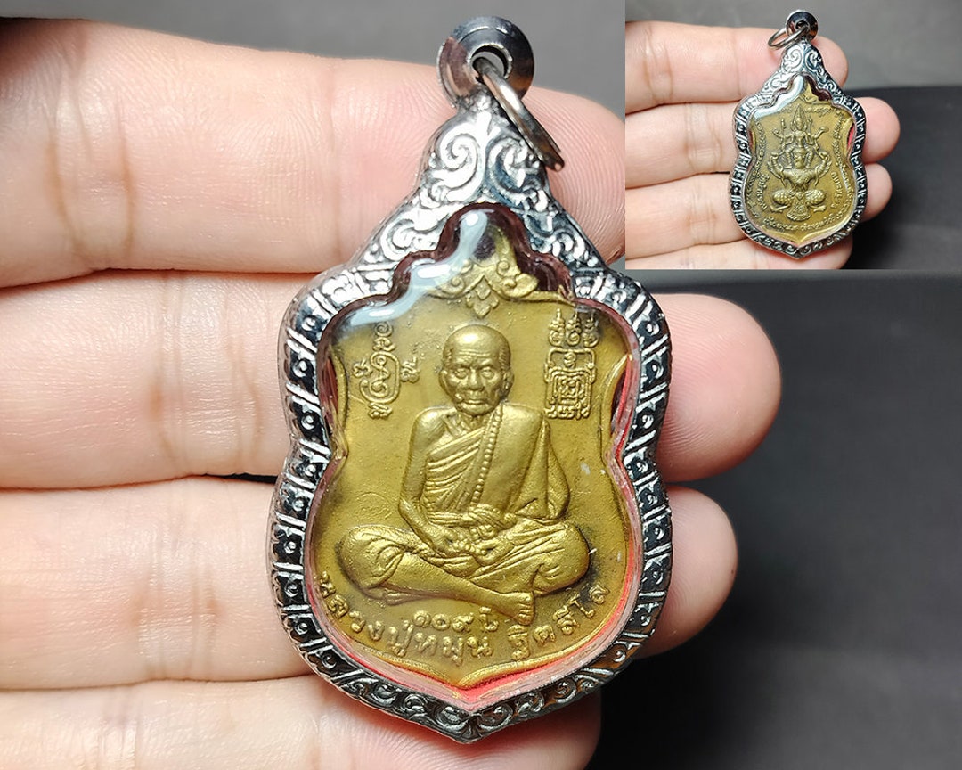 Thai Buddha Amulet Pendant, Luang Pu Mun Coin, Garuda, Protection