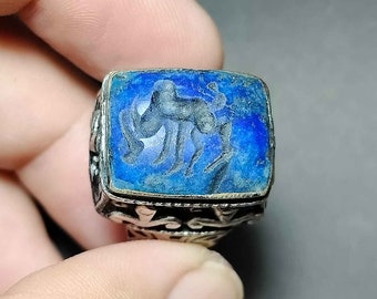 Signet Ring, Afghan Ethnic Ring, Lapis Lazuli, Blue Stone, Intaglio Animal, Unisex Ring, Size 7.5 Us, Amulet Antique,Free Shipping, RM230301