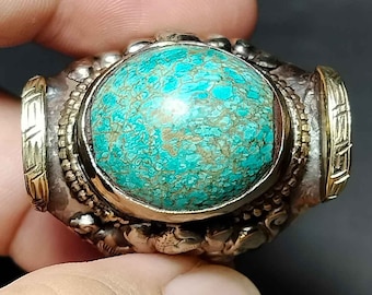 Beautiful Tibet Ring, Saddle Ring, Turquoise Stone, 2 Side Lotus, Lotus Symbol Dharma, Unisex Ring, Size 9 Us, Amulet Antique, Free Shipping