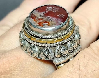 Collectible, Signet Ring, Silver Ring, Aries Zodiac, Agate, Red Stone, Intaglio, Ram, Size 10 Us, RSB41, Amulet Antique, Free Shipping