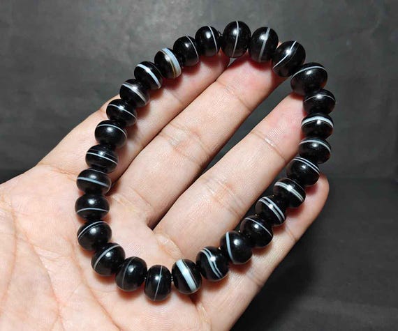 Huge 20mm Natural Black Agate Onyx Gemstone Round Beads Elastic Bracelet – 7.5 Inches – Handmade