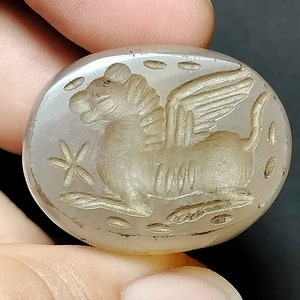 Collectible, Beautiful, Dome Bead, Agate, White Stone, Intaglio, Pegasus, Stamp Seal Wax, BC240129, Amulet Antique, Free Shipping