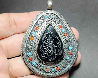 Vintage Collectible, Afghan Pendant, Beautiful, Onyx Stone, Intaglio, Script Arabic, Kuchi Jewel, PB366, Amulet Antique, Free Shipping