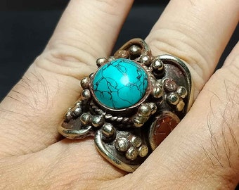 Ethnic Tibetan Ring, Turquoise and Coral, Size 9