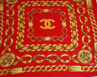 VTG CHANEL Red Gold Chain Graphic Silk Crepe Scarf