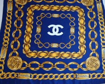 VTG CHANEL Blue Gold Chain Graphic Silk Satin Scarf