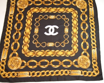 VTG CHANEL Black Gold Chain Graphic Silk Satin Scarf