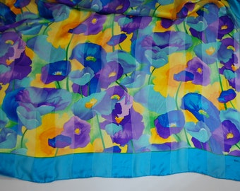 VTG BALENCIAGA Colorful Blue Floral Embossed Silk Satin Chiffon Scarf