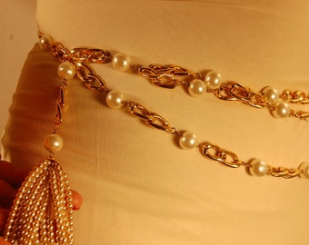 Auth Vintage Signed COCO CHANEL Iconic Gold Plate Chain Glass Pearl Cabochons and Tassle Belt