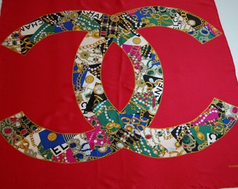 VTG CHANEL Signature CC Jewelry Classic Graphic Design Red Gold Blue Green Magenta White Black Powder Blue Silk Satin Scarf