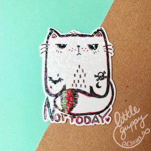 May include: A white cat sticker with a grumpy expression, featuring a bat, skull, and crescent moon design. The sticker has the words "Not Today" and the artist's signature. The cat's tail has a rainbow pattern.