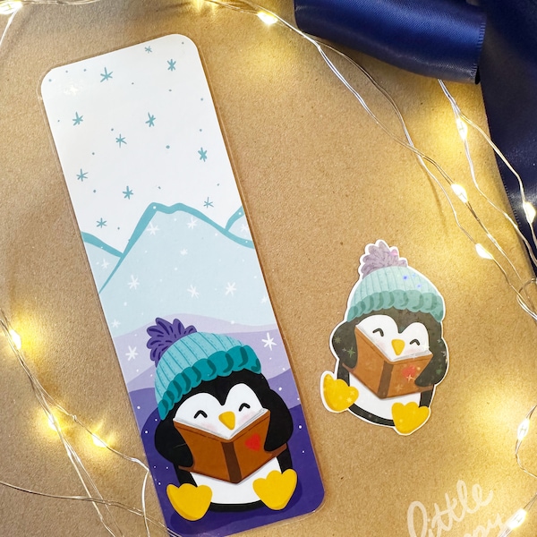 Winter penguin book reading bookmark and vinyl glossy holographic star winter penguin book reading sticker