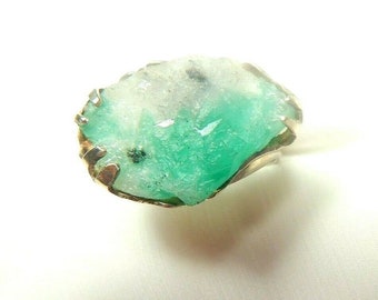 Colombian Emerald Raw Crystal Ring 17.50 Cts Silver 950 F. Size 9 Muzo Mines