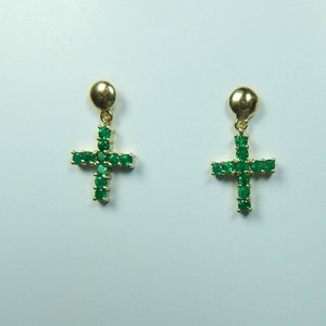 Colombian Emerald Cross Earrings 0.80 Cts Round 18K Yellow Gold Fine Jewelry Muzo Mines