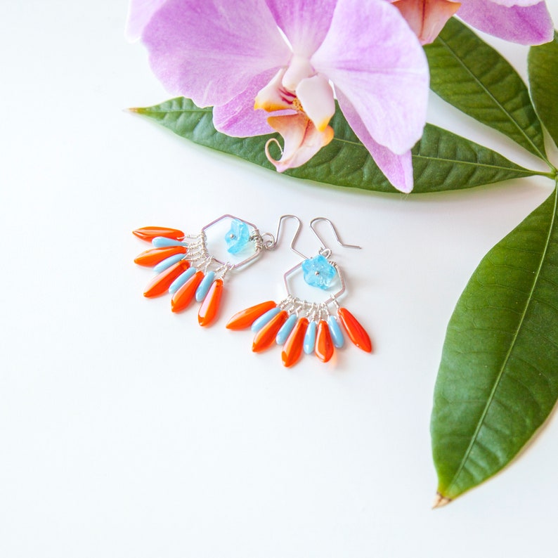 Forget-me-not Earrings Chandelier Earrings Fan Earrings Burnt Orange Dagger Earrings Blue and Orange Earrings Coral Earrings Gift