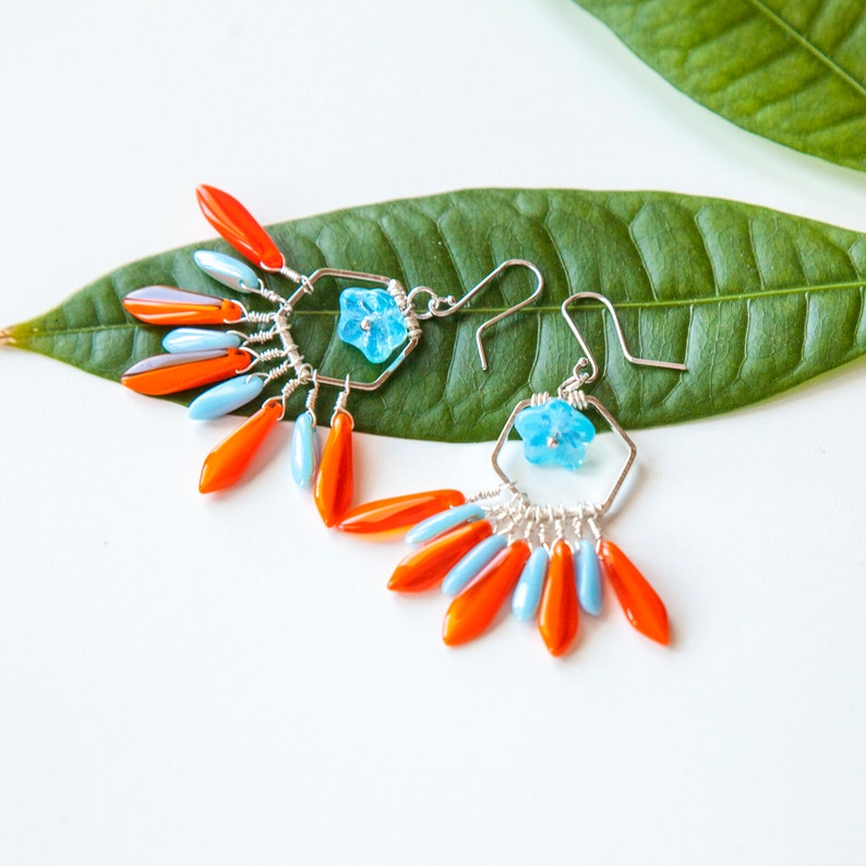 Forget-me-not Earrings Chandelier Earrings Fan Earrings Burnt Orange Dagger Earrings Blue and Orange Earrings Coral Earrings Gift