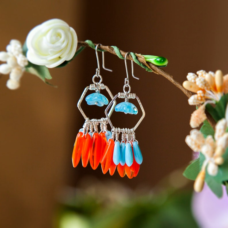 Forget-me-not Earrings Chandelier Earrings Fan Earrings Burnt Orange Dagger Earrings Blue and Orange Earrings Coral Earrings Gift