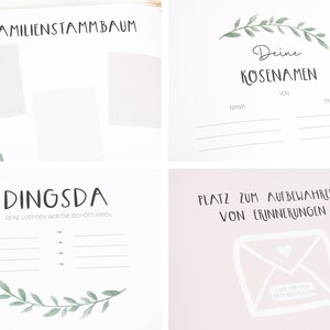 May include: A printable baby memory book with sections for family tree, nicknames, and a place to store memories. The pages are decorated with green leaves and a pink background.
