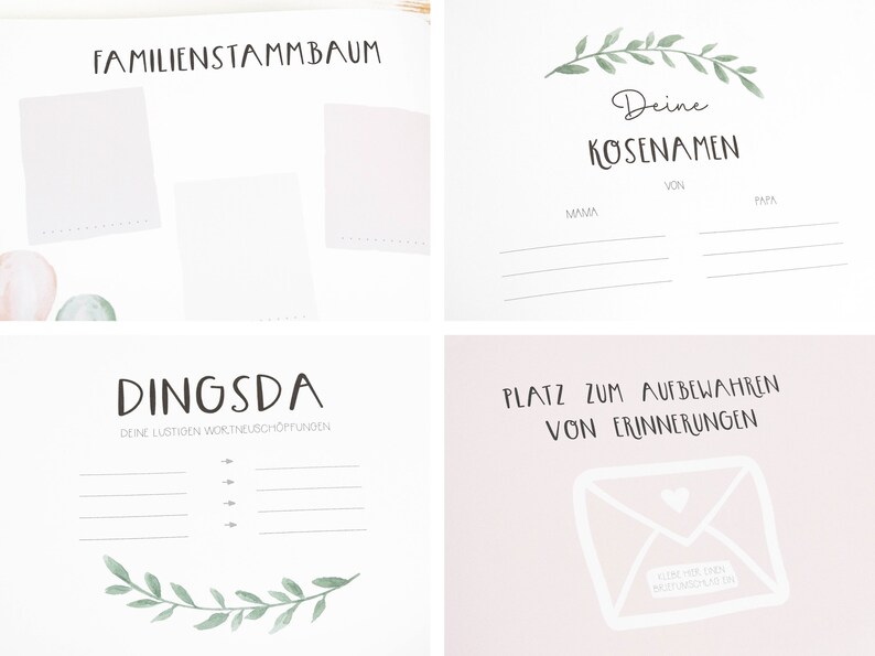 May include: A printable baby memory book with sections for family tree, nicknames, and a place to store memories. The pages are decorated with green leaves and a pink background.