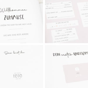 May include: A pink and white baby memory book with the text "Willkommen Zuhause" (Welcome Home) and "Das bist du" (That's you). The book has sections for recording the baby's birth information, first address, and first room.