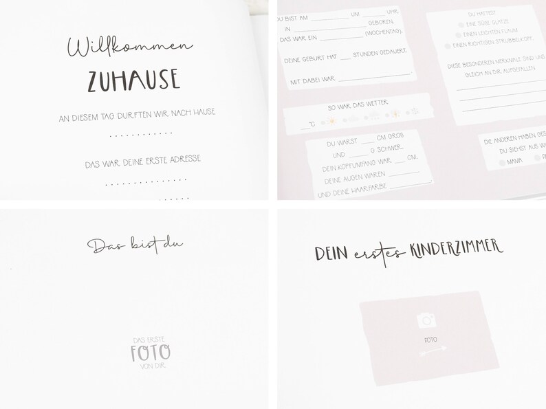 May include: A pink and white baby memory book with the text "Willkommen Zuhause" (Welcome Home) and "Das bist du" (That's you). The book has sections for recording the baby's birth information, first address, and first room.